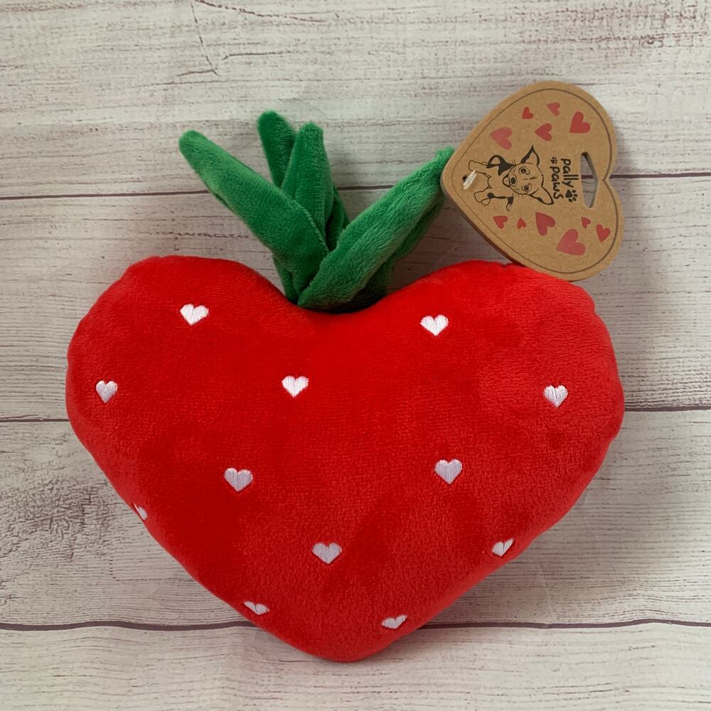 Pally Paws Red Heart Shaped Strawberry Plush Dog Toy with Embroidered Hearts 10"